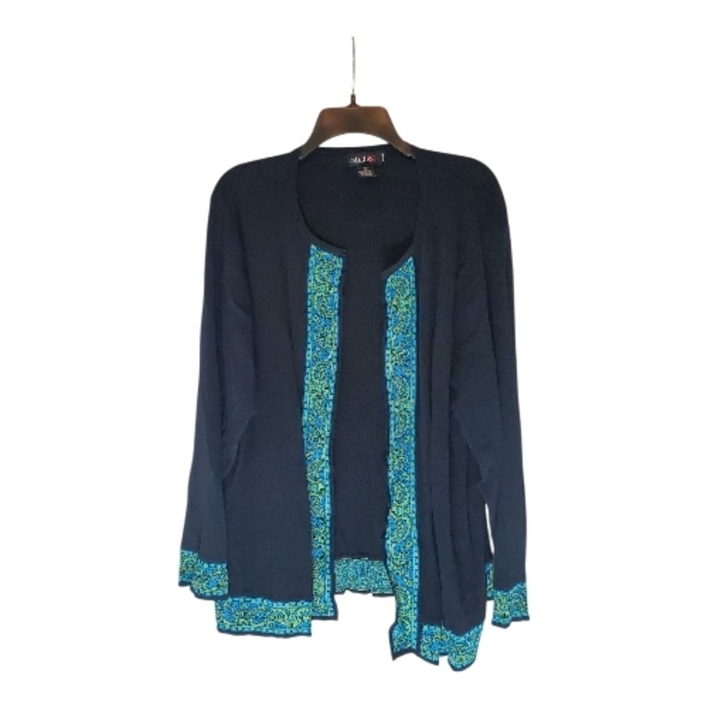 🍀Studio Black Cardigan with Vibrant Blue and Green Trim Size 3X